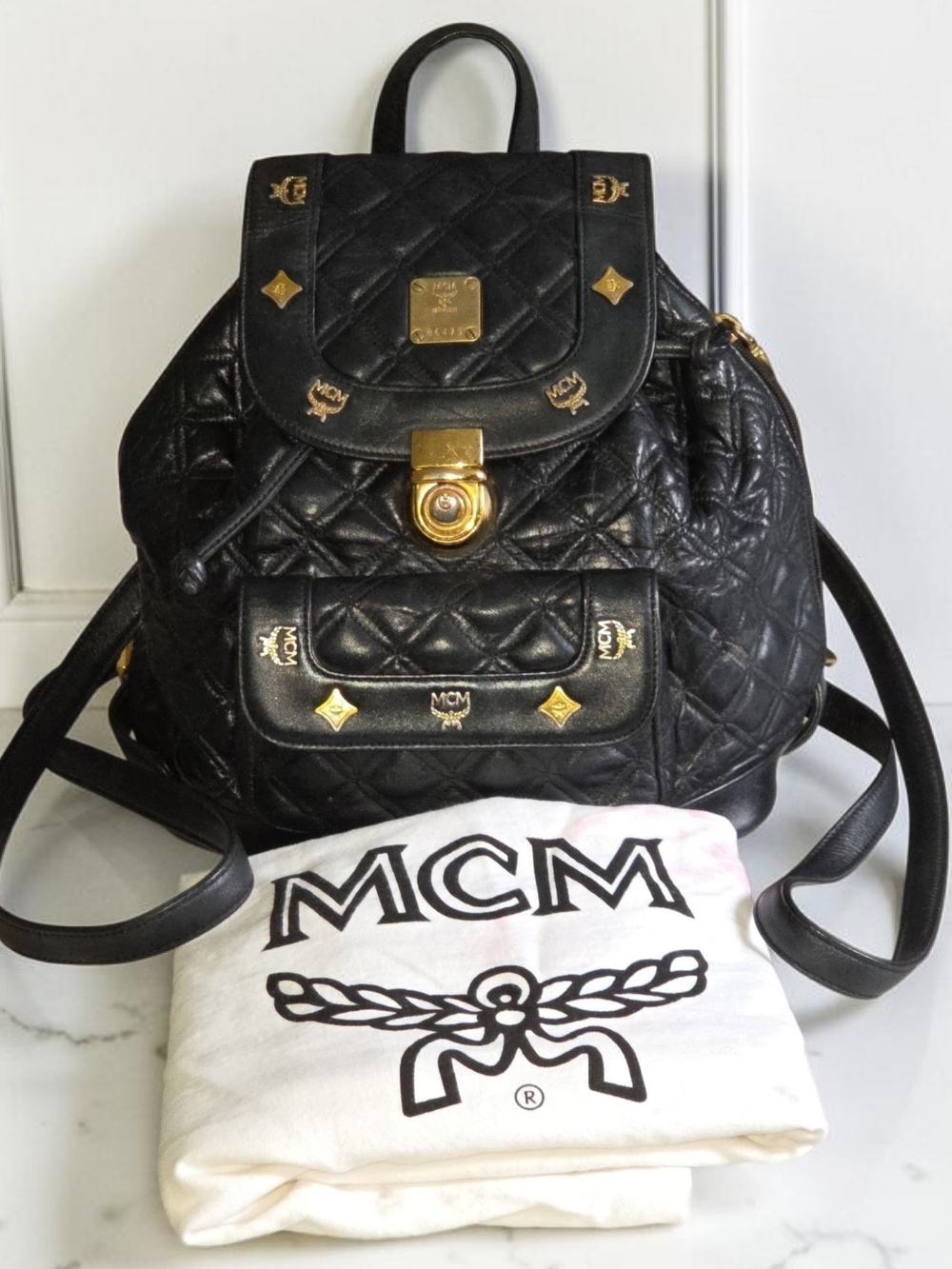 MCM Quilted Leather Black Backpack with Gold Hardware & Dustbag